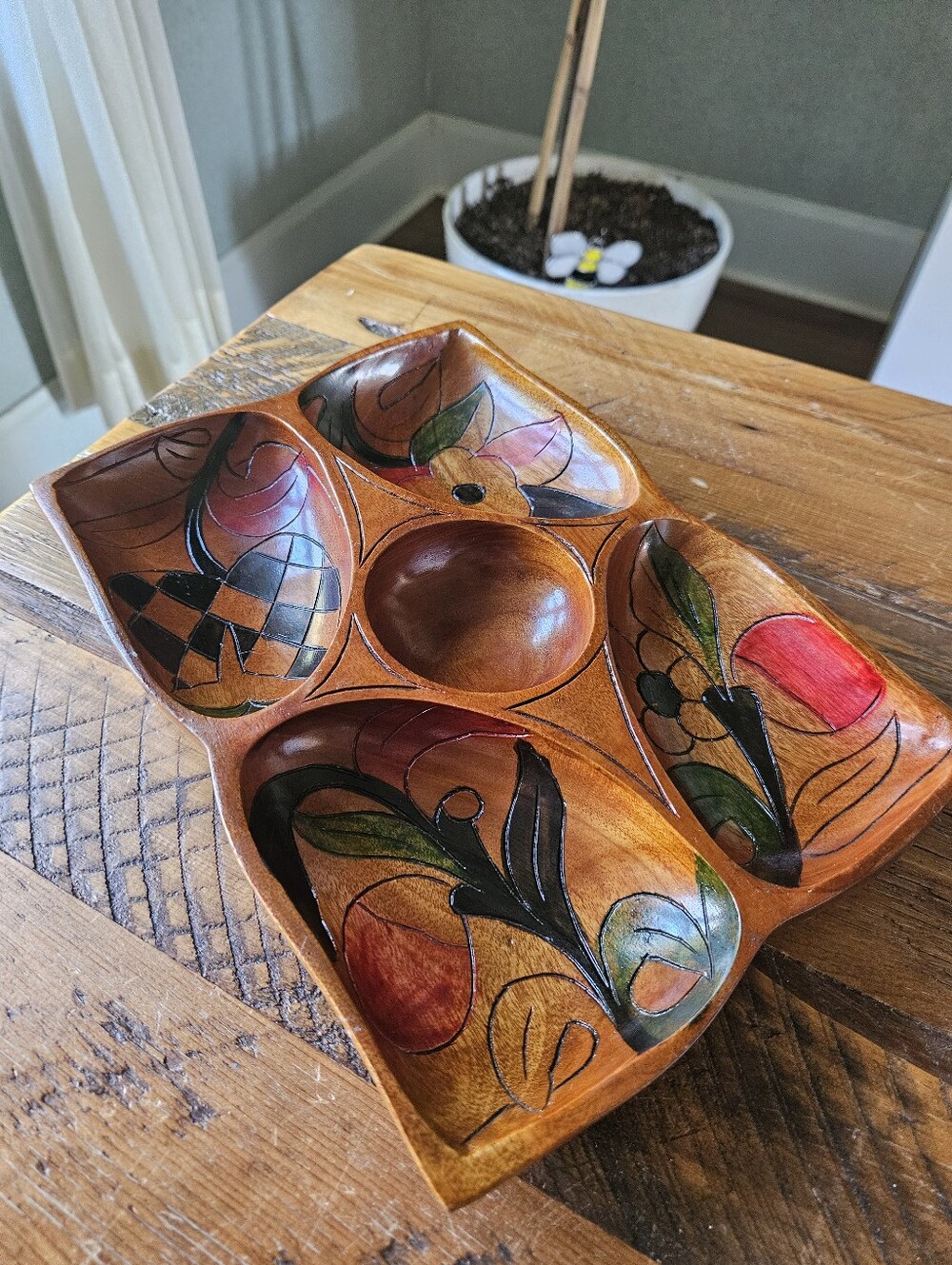 Vintage Hand Painted, Hand Carved Wood Flower Tray